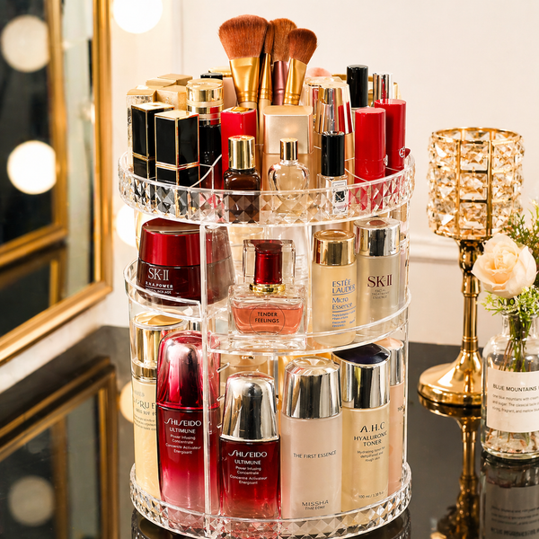 360° Rotating Acrylic Makeup Organizer Stand – Multi-Layer Cosmetic Storage